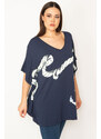 Şans Women's Plus Size Navy Blue Front Printed Low Sleeve Tunic