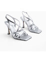 Marjin Women's Heeled Shoes Blunt Toe Cross Strap Heeled Sandals Resi Silver