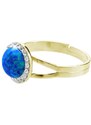 SkloBižuterie-J Stříbrný prsten s opálem a křišťálky Swarovski Opal Round blue gold I