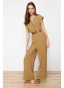 Trendyol Khaki Belted Double Breasted Collar Sleeveless Maxi Woven Jumpsuit