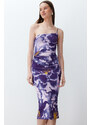 Trendyol Limited Edition Purple Printed Fitted Midi One Shoulder Stretch Knitted Dress