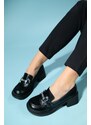 LuviShoes ANGLO Black Skin Stone Buckle Women's Thick Heeled Shoes