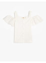 Koton T-Shirts With Frills Window Detail Buttons Round Neck Textured.