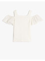 Koton T-Shirts With Frills Window Detail Buttons Round Neck Textured.