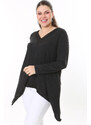 Şans Women's Plus Size Anthracite Neck And Hem Satin Long Sleeve Blouse