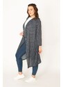 Şans Women's Plus Size Navy Blue Points Pattern Crepe Cardigan