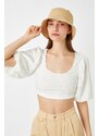 Koton Embroidered Crop T-Shirt U-Neck