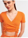 Dilvin 10194 Double-breasted Collar Pleated Front Tricot Crop-orange