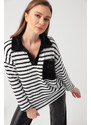 Lafaba Women's Black Shirt Collar Striped Blouse