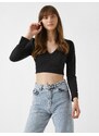 Koton V-Neck Crop Evening Blouse Long Sleeve