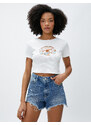 Koton Crop T-Shirt Ribbed Printed Short Sleeves Crew Neck