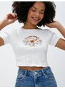 Koton Crop T-Shirt Ribbed Printed Short Sleeves Crew Neck