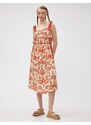 Koton Floral Midi Dress with Straps and Bow Detail Pleated Tie Viscose