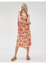 Koton Floral Midi Dress with Straps and Bow Detail Pleated Tie Viscose
