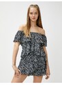 Koton Floral Mini Jumpsuit With Off-Shoulder Ruffles With Frills