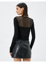 Koton Long Sleeved T-Shirt with Crop Tulle Detailed Crew Neck Viscose.