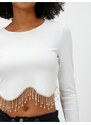 Koton Crop T-Shirt Long Sleeve Dangle Stone Detailed Ribbed