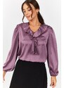 armonika Women's Purple Satin Blouse with Frilled Collar on the Shoulders and Elasticated Sleeves