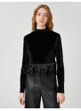 Koton Long Sleeve T-Shirt Velvet Crop with Shimmering Tassel Detail.