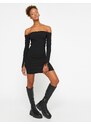 Koton Mini Pencil Dress Open Shoulder Sleeves Feather Detailed