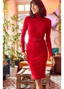 Olalook Women's Red Coated Belted Turtleneck Lycra Dress