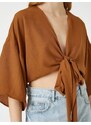 Koton Crop Kimono with Wide Sleeves with Tie Front Detail