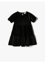 Koton Velvet Silvery Dress Tiered Round Neck Short Balloon Sleeve