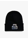 Koton Basic Knit Beanie Hat with Slogan Embroidered Fold Detail.