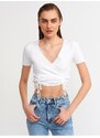 Dilvin 10194 Double-breasted Collar Pleated Front Tricot Crop-ecru.