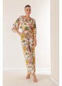 By Saygı Elastic Waist, Pocket Palazzo Pants Front Back V-Neck Crop Floral Double Suit