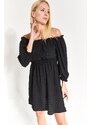 armonika Women's Black Madonna Collar Elastic Waist Crepe Dress