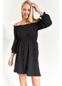 armonika Women's Black Madonna Collar Elastic Waist Crepe Dress