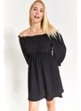 armonika Women's Black Madonna Collar Elastic Waist Crepe Dress