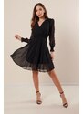 By Saygı Double Breasted Collar Waist And Sleeve Ends Guiped Lined Short Chiffon Dress