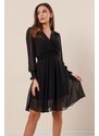 By Saygı Double Breasted Collar Waist And Sleeve Ends Guiped Lined Short Chiffon Dress