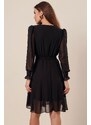 By Saygı Double Breasted Collar Waist And Sleeve Ends Guiped Lined Short Chiffon Dress