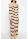 Trendyol Stone Sleeves Button Detailed Striped Knitwear Dress