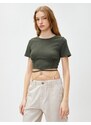 Koton Crop T-Shirt Short Sleeve Butterfly Chain And Corset Detailed Ribbed