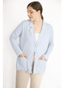 Şans Women's Blue Plus Size Single Button Unlined Pocket Cardigan