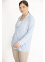 Şans Women's Blue Plus Size Single Button Unlined Pocket Cardigan