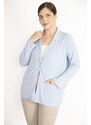 Şans Women's Blue Plus Size Single Button Unlined Pocket Cardigan