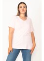 Şans Women's Plus Size Pink V-Neck Oversize Basic T-Shirt