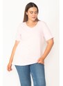 Şans Women's Plus Size Pink V-Neck Oversize Basic T-Shirt