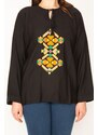 Şans Women's Plus Size Black Embroidery Detail Collar Laced Blouse