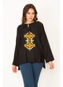 Şans Women's Plus Size Black Embroidery Detail Collar Laced Blouse