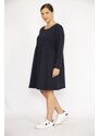 Şans Women's Plus Size Navy Blue Crew Neck Gathered Waist Long Sleeve Tunic Dress