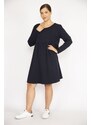 Şans Women's Plus Size Navy Blue Crew Neck Gathered Waist Long Sleeve Tunic Dress