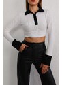 BİKELİFE Women's White Polo Neck Buttoned Crop Blouse