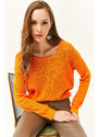 Olalook Dámský oranžový prolamovaný pletený svetr s hranatým výstřihem