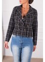 armonika Women's Khaki Double Breasted Collar Tweed Crop Jacket